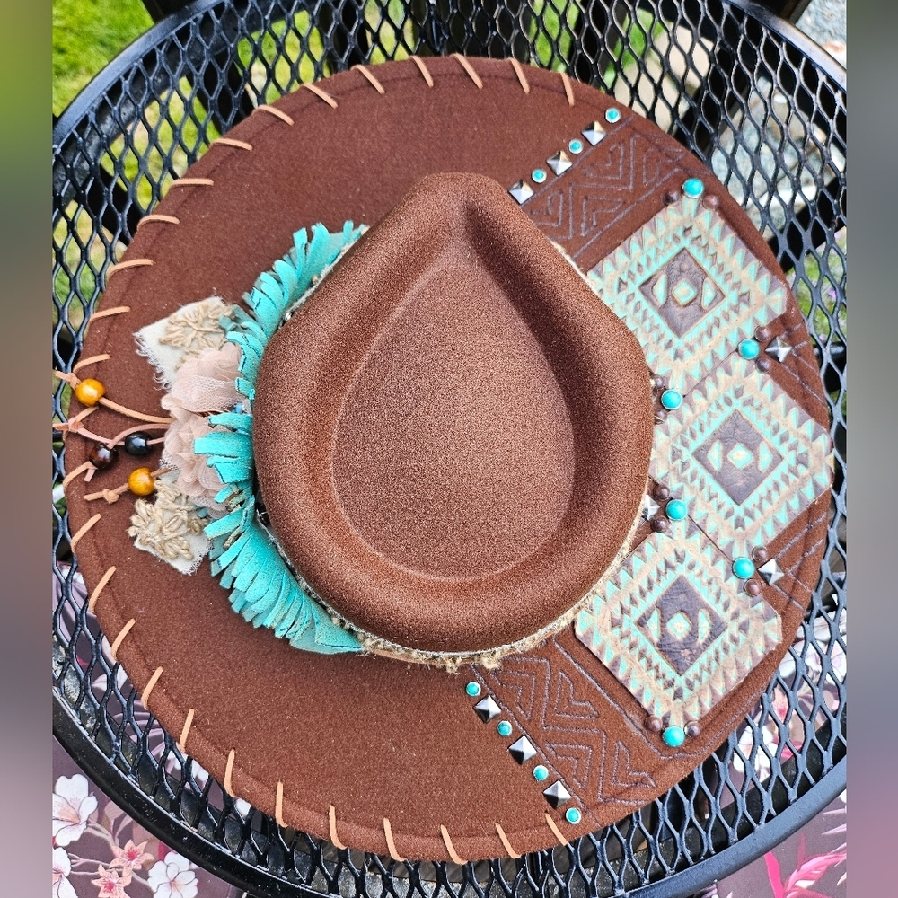 NWT  Brown Burned Fedora Cowdoy Hat With Genuine Leather Size OS